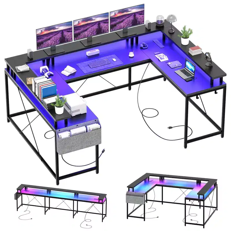 CuisinSmart U Shaped Computer Gaming Desk, Reversible L Shaped Desk with Monitor Stand, Large Corner Desk with Storage Shelves