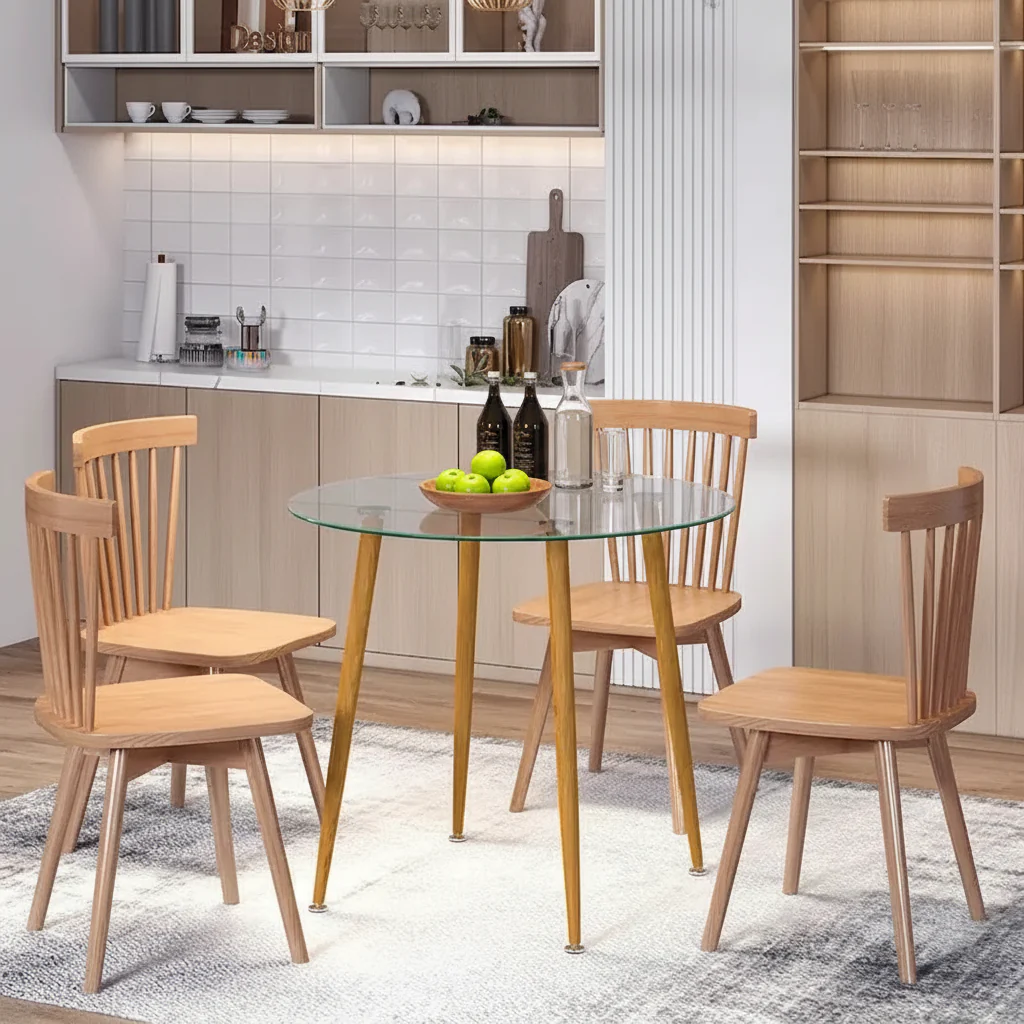 Clear Round Glass Dining Table with Metal Legs, Seats 2–4
