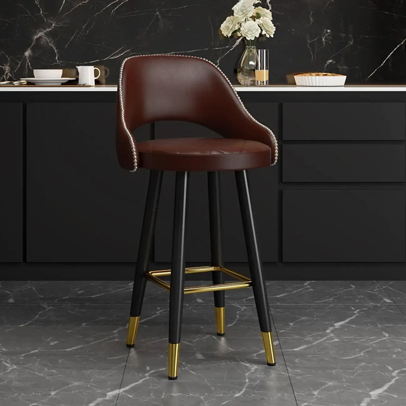 Modern Round Leather Curved Back Bar Stools