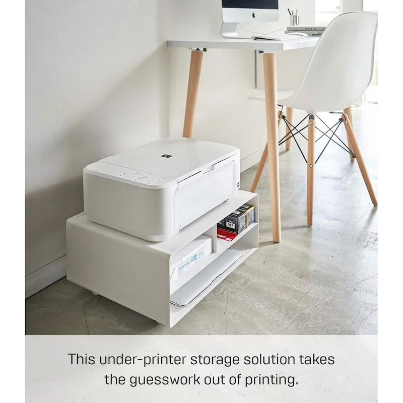 Black / White Rolling Printer Stand with Storage, Steel, Single-User
