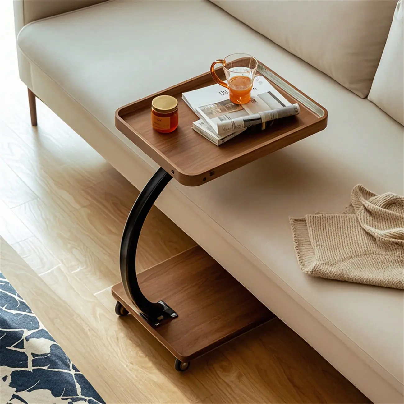 Wooden Round C-Shaped Side Table with Swivel Wheels