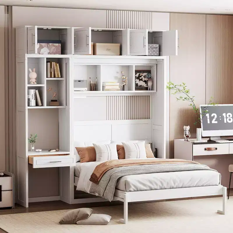 Full/Queen Murphy Bed Wall Bed with Cabinet, Cabinet Bed Folding Wall Bed with Storage Shelves and Desk for Guest Room Office