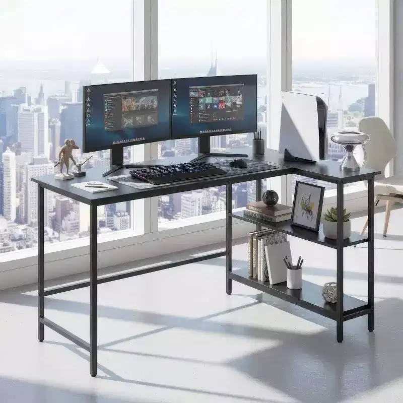 BestMassage 39in/43in Modern L-Shaped Desk with 3-Tier Shelf Corner Desk for Home Office, Gaming & Study, Black