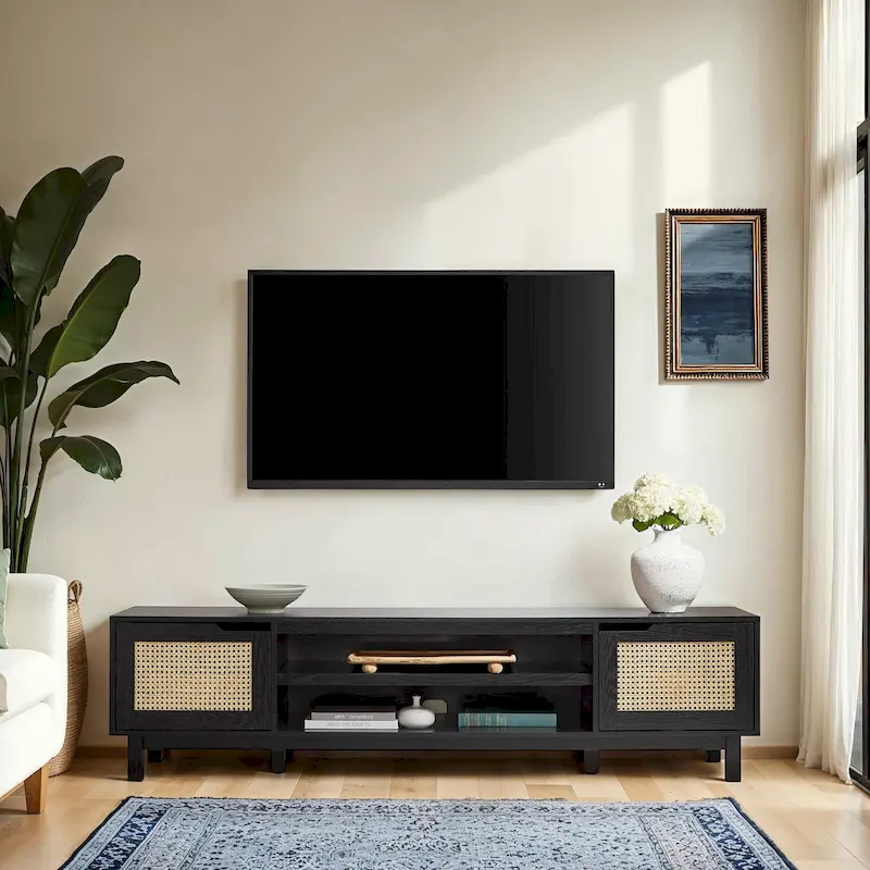 Black / Coastal Oak Scandi Faux Rattan-Door TV Stand, 2-Door, Fits TVs up to 75