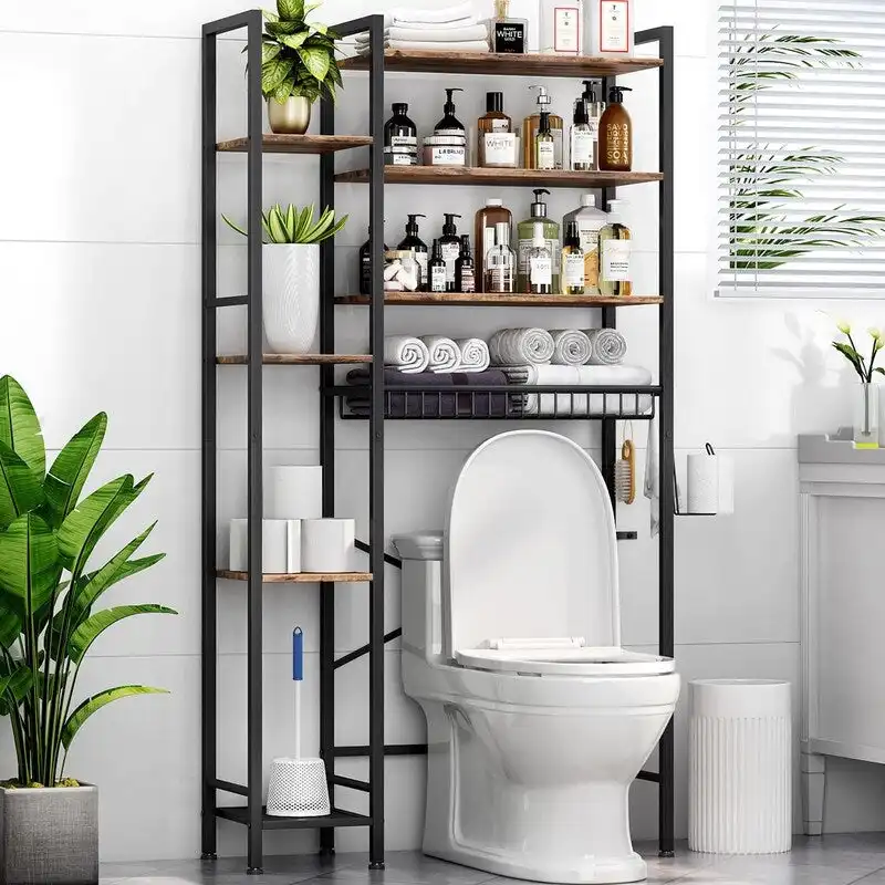 8-Tier Over The Toilet Storage with Side Rack, Over Toilet Storage Rack with Adjustable Shelf & Drain Basket