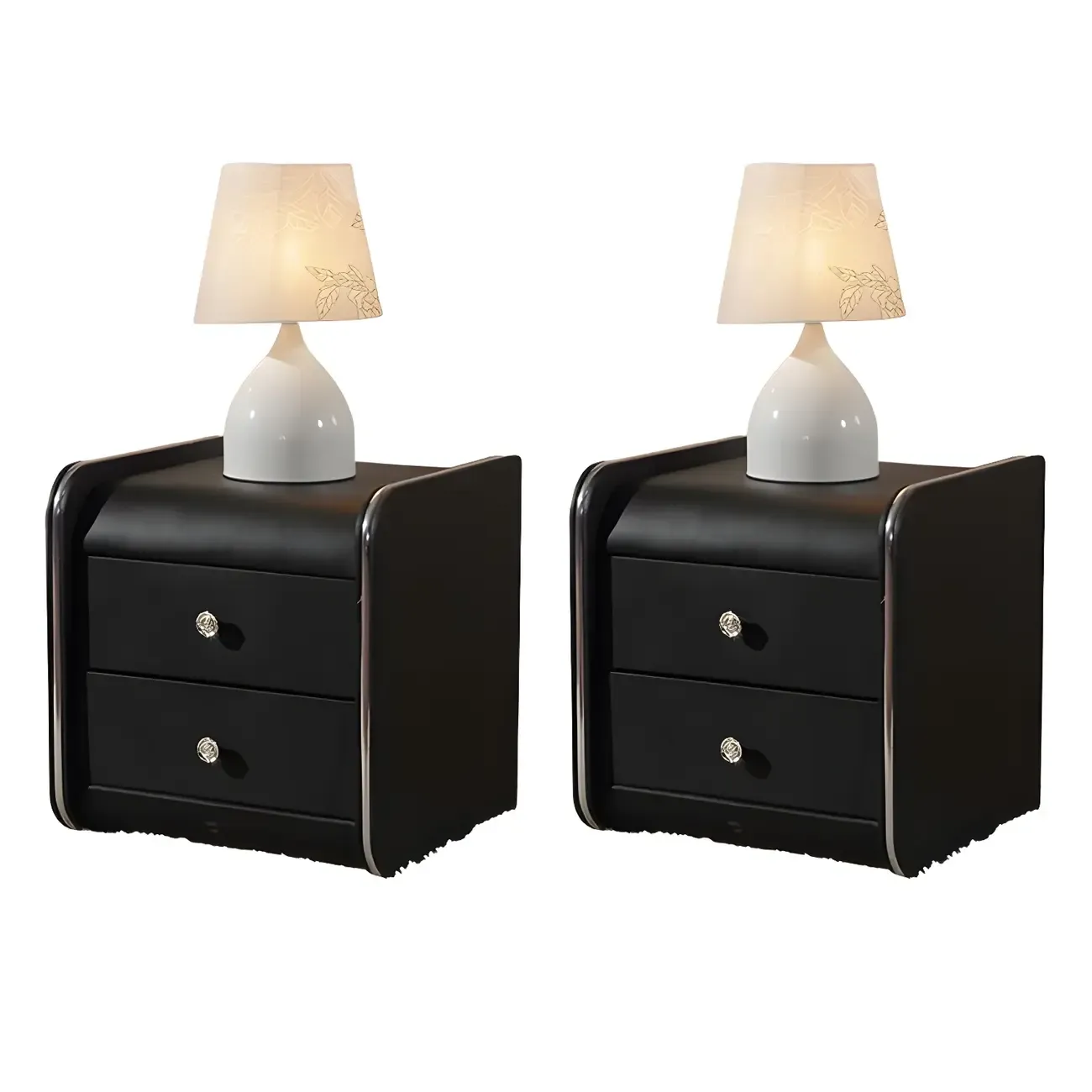 Luxurious Glossy Leather Wooden 2 Drawer Black Nightstand