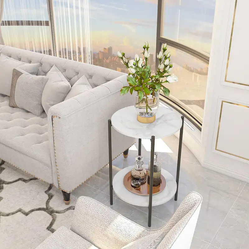 2-Tier Round Marble Side Table with Black Metal Frame