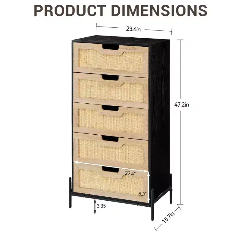 5 Drawer Dresser, Rattan Chest of Drawers, Wooden Dresser with Metal Legs, Mid Century Modern Tall Drawer Dresser for Bedroom, Living Room, Entrance