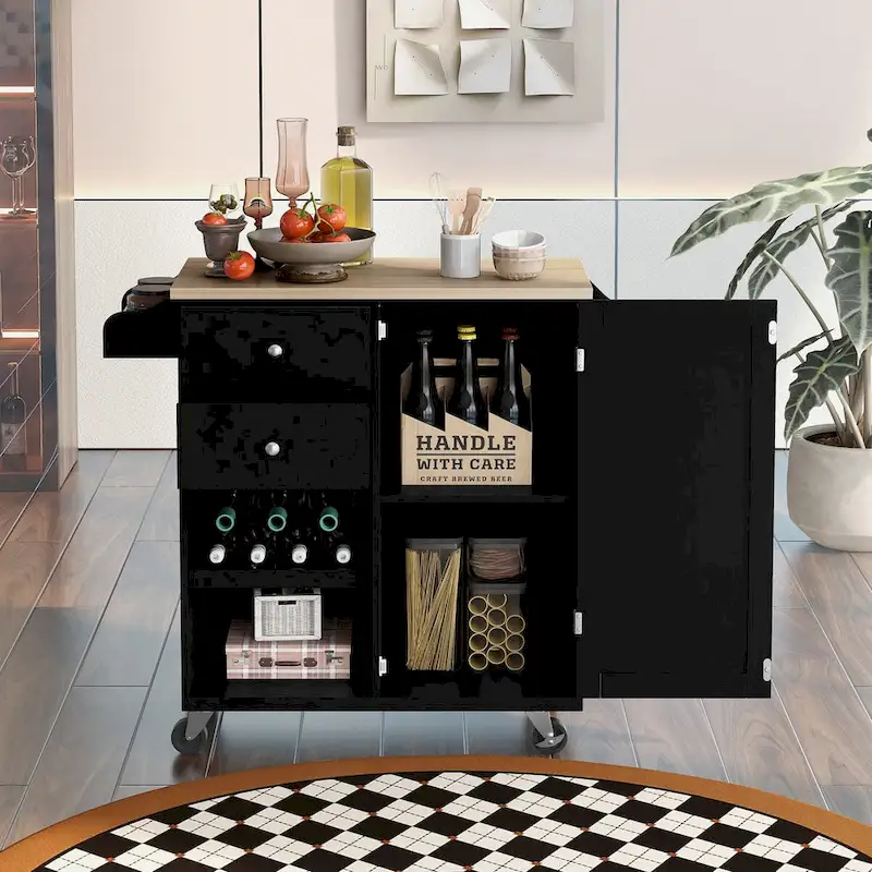 41.3 in. Rolling Kitchen Island with Spice Rack and Two Drawers