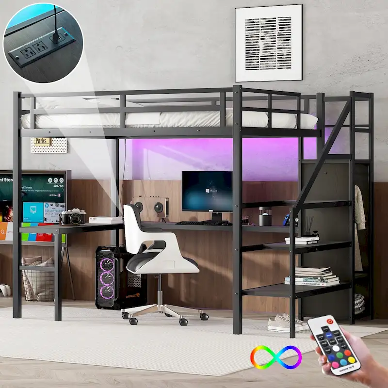 Full XL Size Metal Loft Bed with L-shaped Desk, USB, and LED for Kids and Teens
