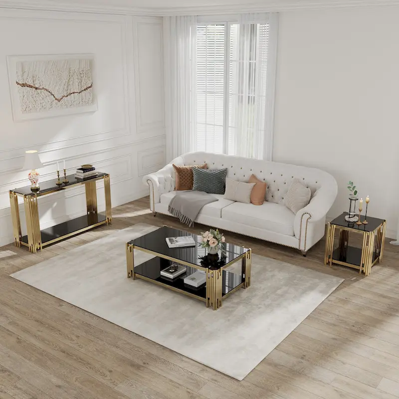 Narrow 2-tier Console Table with Gold Finished Metal Frame and Tempered Glass Top