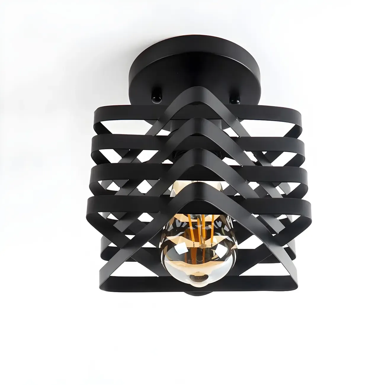 Industrial Geometric Black Iron Hallway Semi Flush Ceiling Light