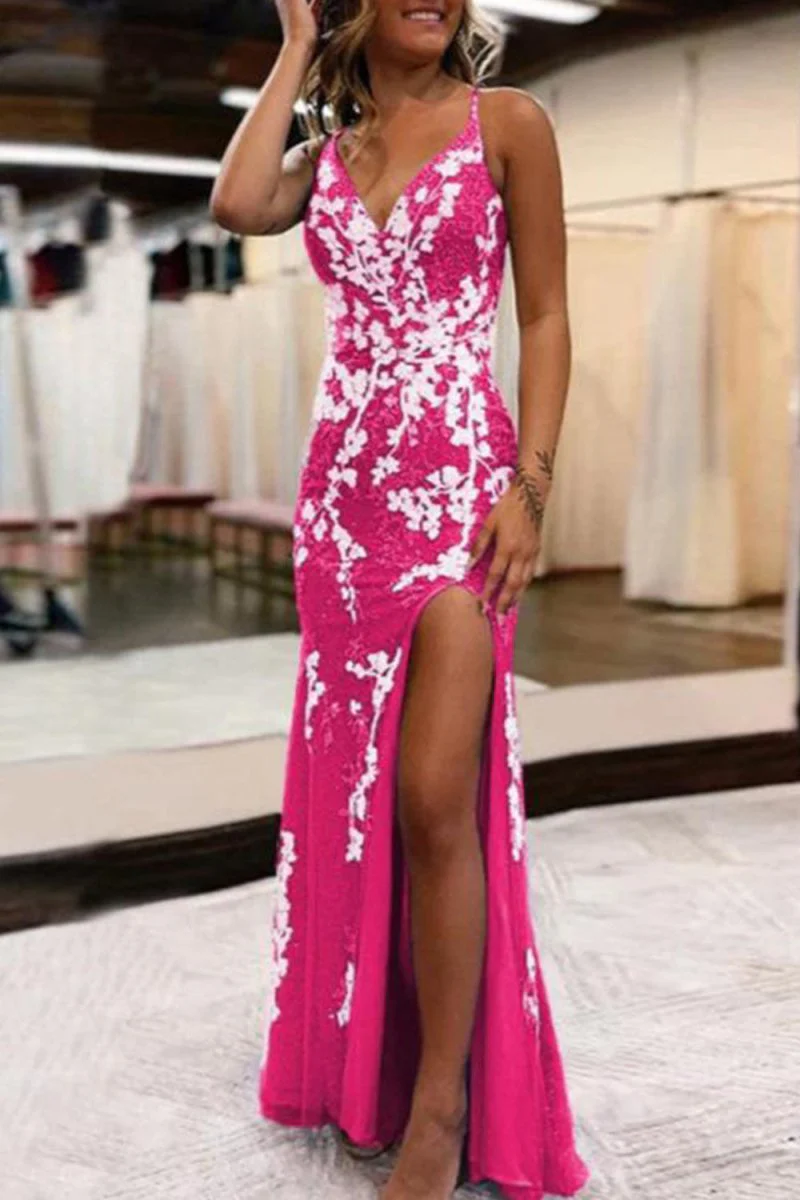 Glitter Blue Mermaid Lace Long Prom Dress with Slit