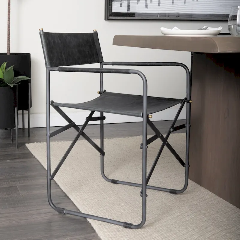 Black Genuine Leather Folding Dining Chair, Single, 19.7