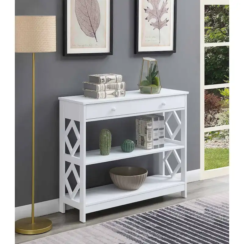 White / Black / Grey Diamond Console Table with Drawer & Shelves, 1-Person Assembly
