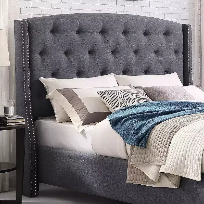 Nantarre Fabric Button Tufted Wingback Upholstered Bed with Nail Head Trim, Gray