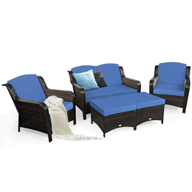 5 Pieces Patio Rattan Sofa Set with Cushion and Ottoman - 51 x 33.5 x 33 (L x W x H)