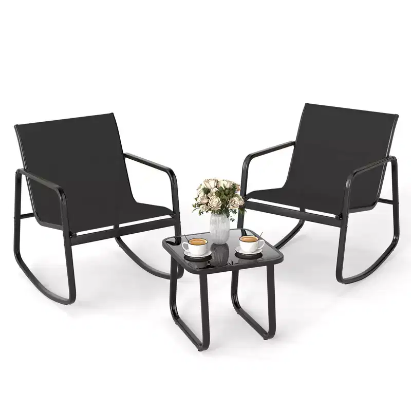 Costway 3 Piece Patio Rocking Set 2 Rocking Bistro Chairs & Glass-Top Table for Porch Black & Brown/Gray/Black/Navy