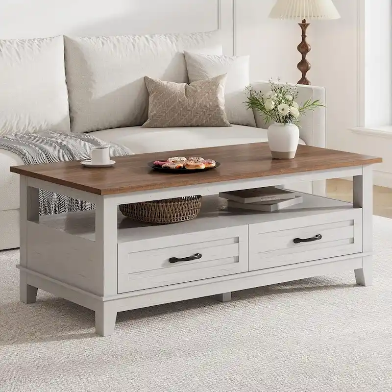 Farmhouse Coffee Table with Drawers and Open Shelf - N/A