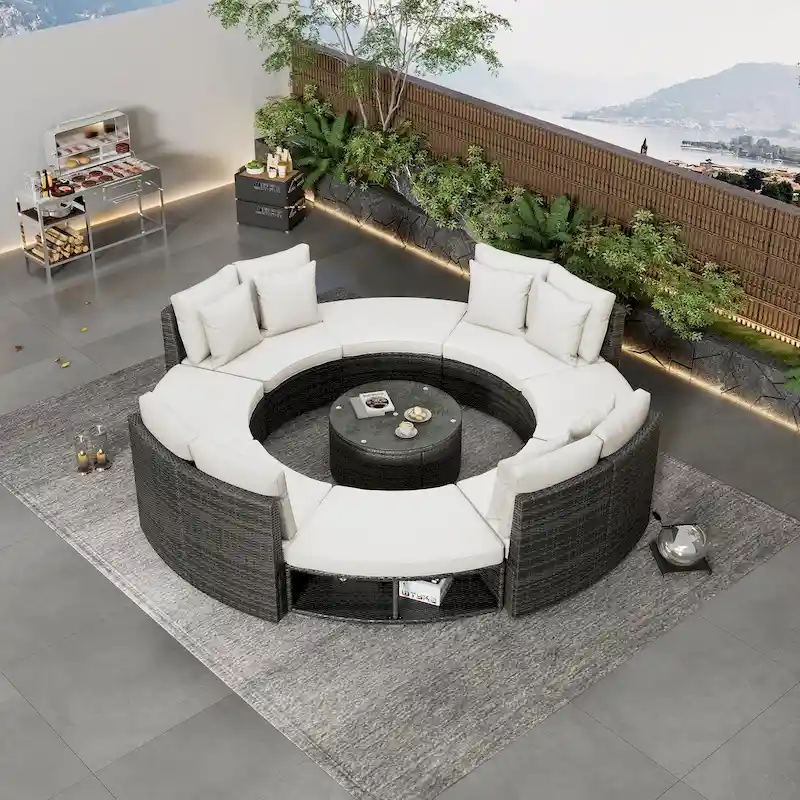 Ouyessir Freely Combined Patio 5-Piece Round Rattan Sectional Sofa Set