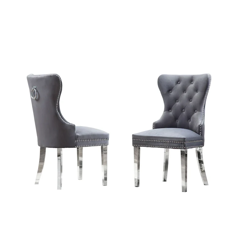 Wingback Button-Tufted Dining Chairs with Nailhead Trim & Steel Frame – Black / Grey / Cream / Navy Blue / White Faux Leather
