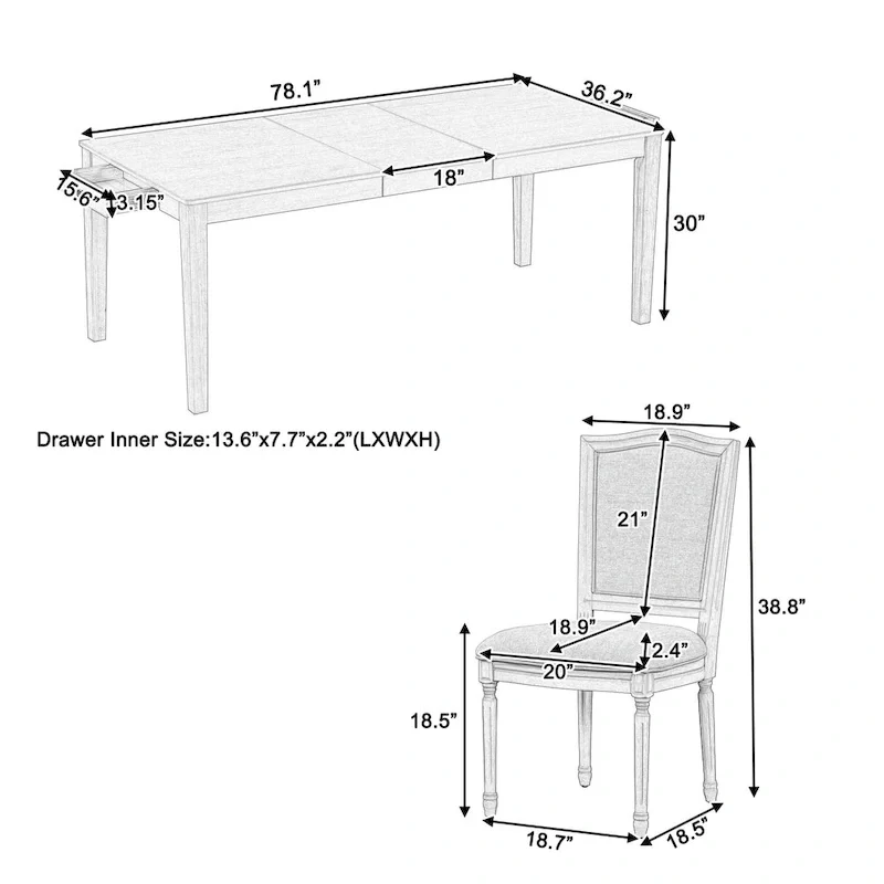 7 Pcs Dining Table Set, Solid Wood Table and Chairs Set with Extendable Dining Table, 2 Drawers and 6 Upholstered Chairs