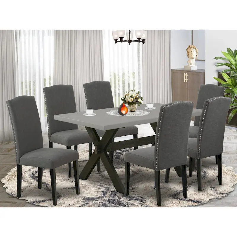 East West Furniture Dining Set-a Dining Table & Black Parson Chairs, Wire brushed Black.(Upholstered & Pieces Options)