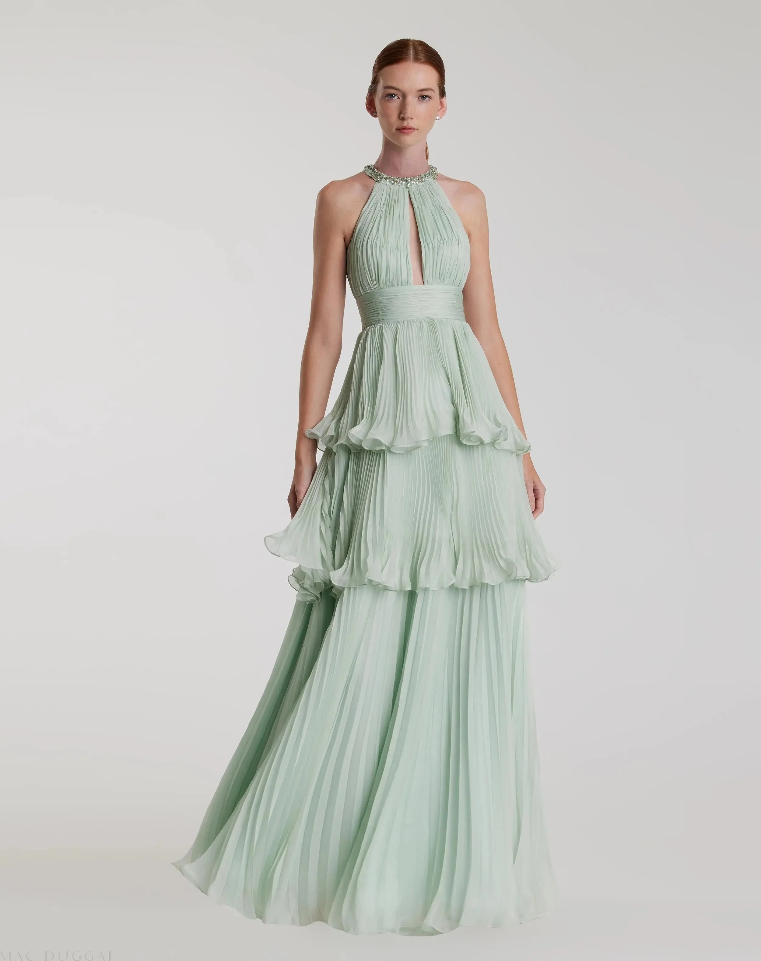 Green High Neck Chiffon Tiered Gown with Cut Out