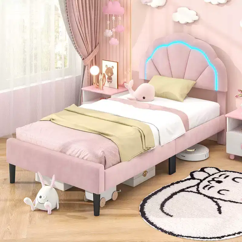 Costway Twin/Full/Queen Size Upholstered LED Bed Frame Soft Velvet Platform Bed with Flower Headboard