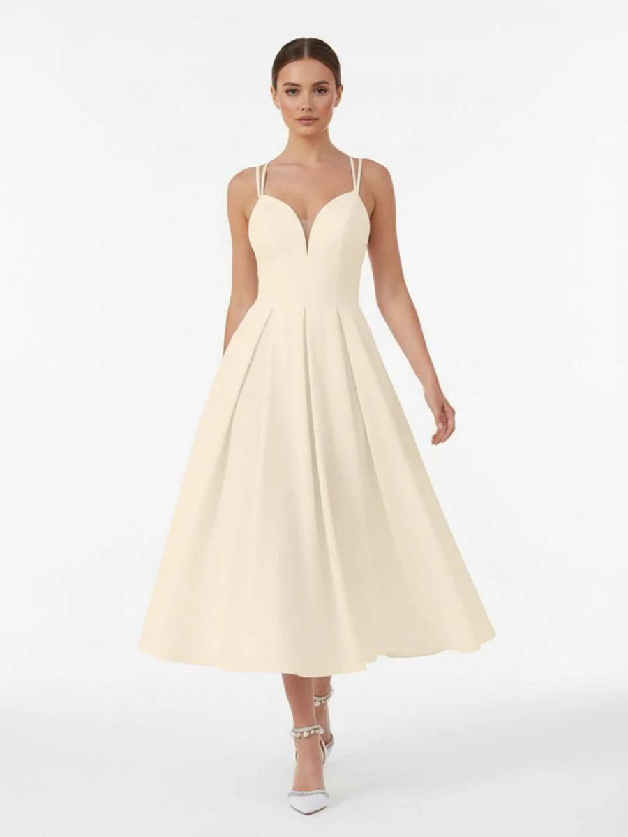 A-Line V-Neck Sleeveless Satin Knee-Length Wedding Dress