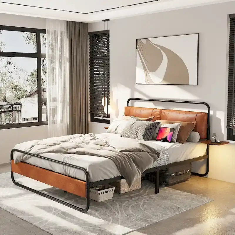 Metal Bed Frame with Upholstered Headboard, Wireless Charging and USB A & USB C & LED Light