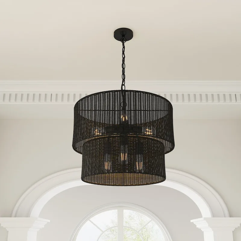 Farmhouse Matte Black Hand-Woven Rattan Craft Pendant Light