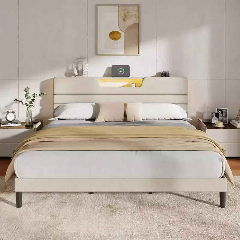 Modern King Beige Upholstered Bed Frame with Storage Headboard 2-Tier Shelf LED Lights Charging Station USB Wood Slats No Box Spring Needed Platform