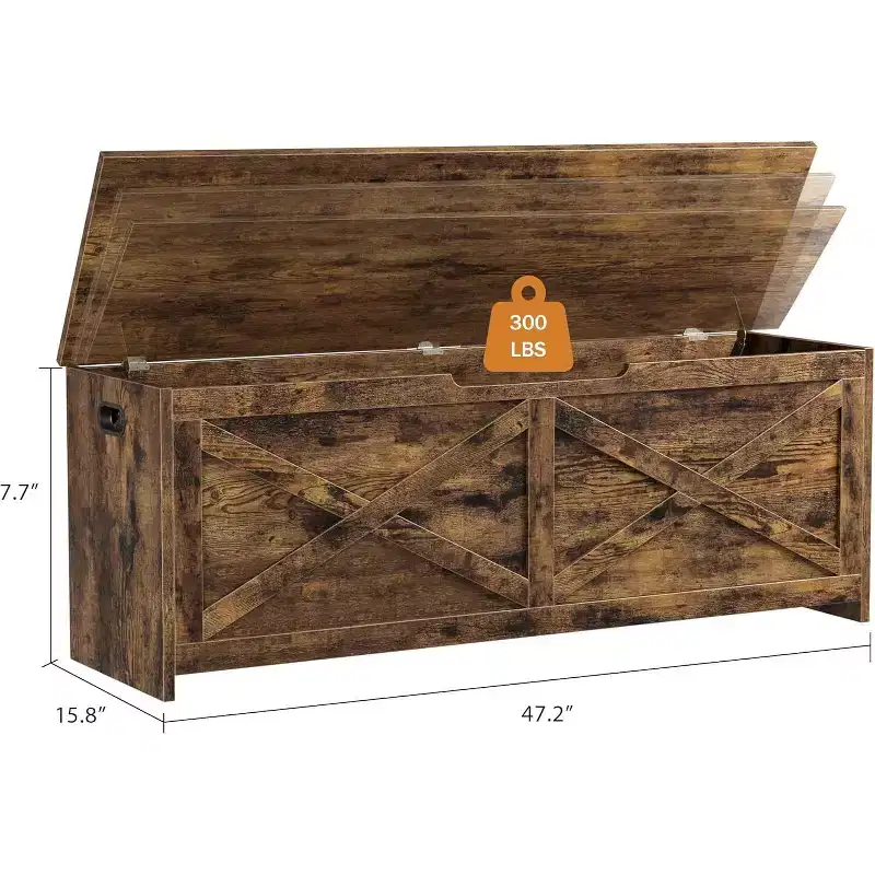47.2 in Storage Chest, Wooden Storage Bench with Safety Hinges, Easy Assembly, Large Shoe Bench for Entryway, Living Room, Bedroom