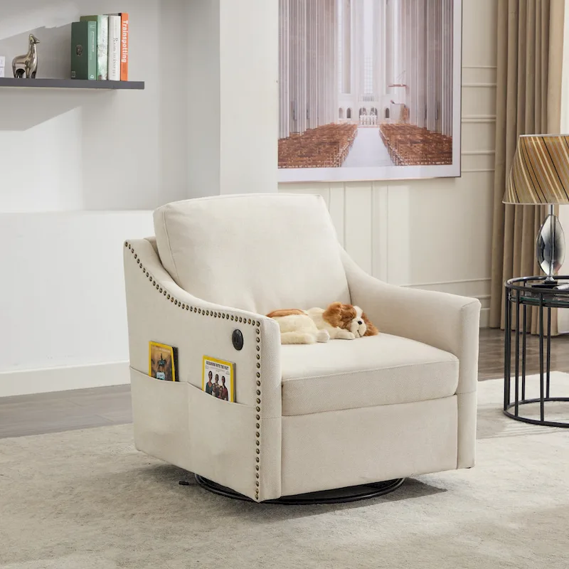 Upholstered Swivel Accent Chair with USB Port and Armrest Storage Pockets