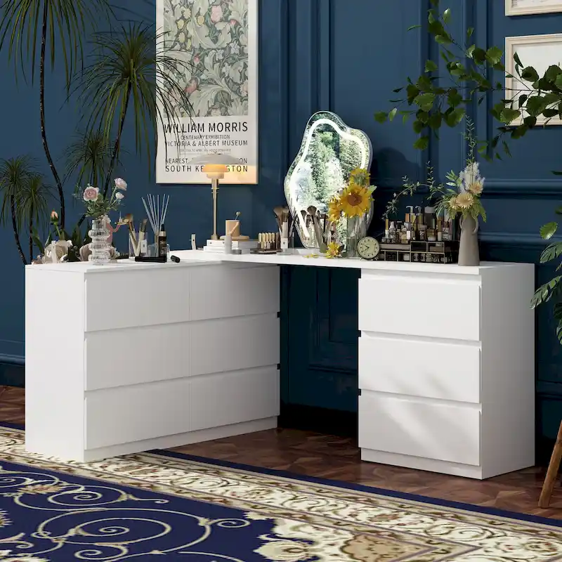 White 9-Drawer Extendable Dresser / Desk / Vanity (1 Person)