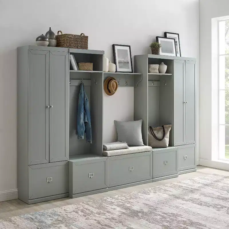 6pc Harper Entryway Set with Bench, Shelf, 2 Pantry Closets and 2 Hall Trees - Crosley