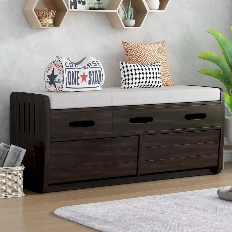 Storage Bench with 2 Drawers – Espresso / Natural Wood / White / Navy, 2-Person