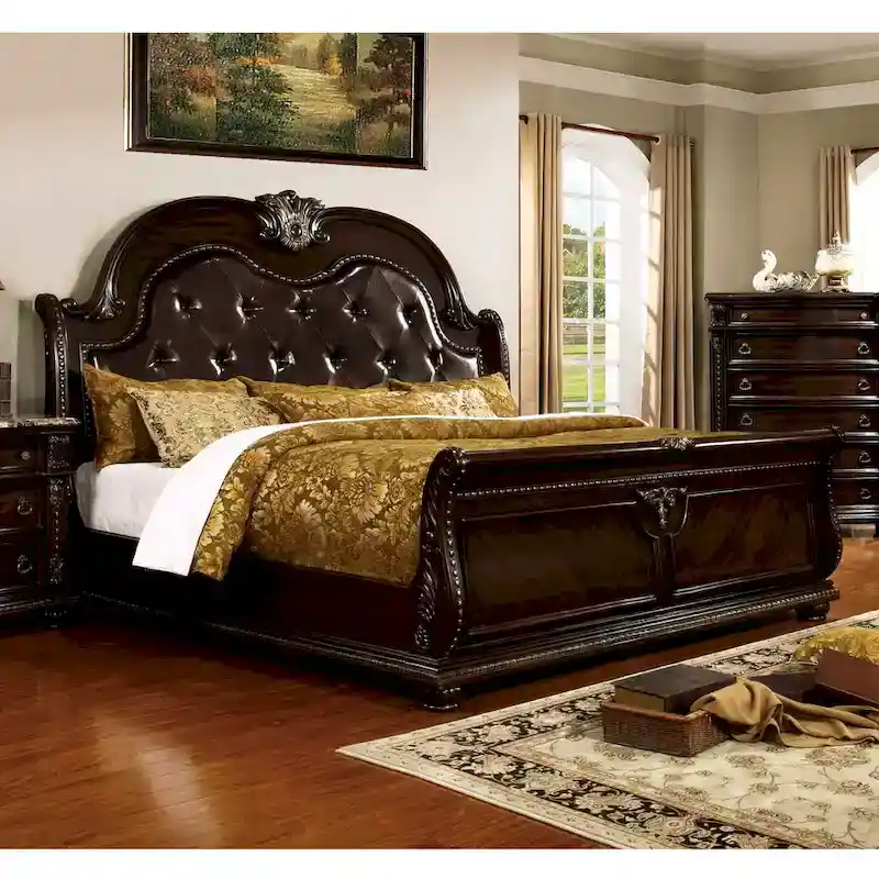 Traditional Solid Wood Sleigh Bed with Tufted Leatherette Headboard