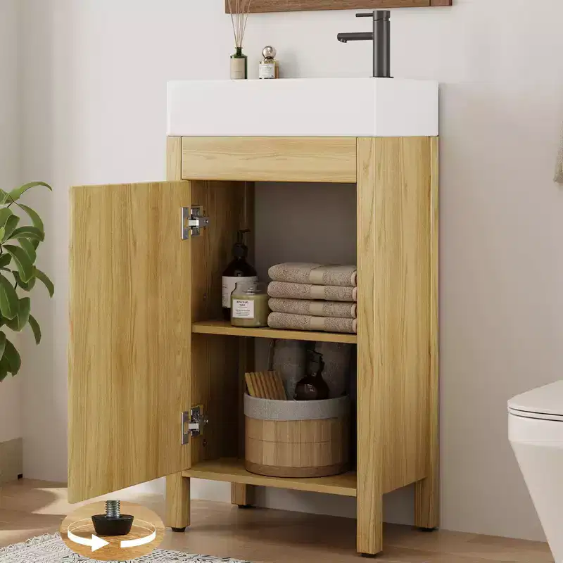 Space-Saving Modern Bathroom Vanity with basin - 16 Inch Freestanding Wooden Cabinet, Metal Handle, Farmhouse Style, Easy Assembly