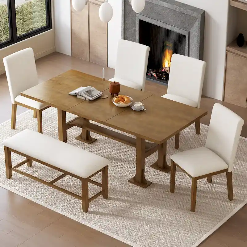 6-Piece Farmhouse Extendable Dining Set with Leaf & Bench