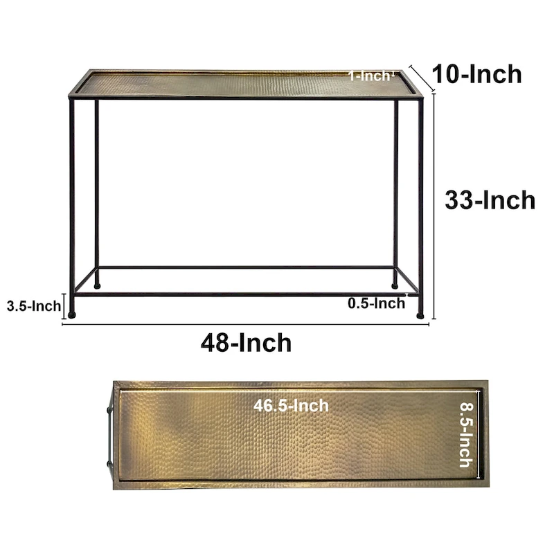 Aurelia 48 Inch Console Sofa Table, Artisanal Hammered Antique Bronze Tray Top, Industrial Black Iron Frame