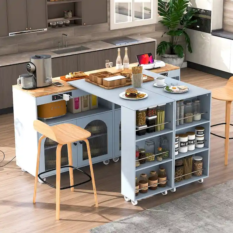 33 in. W Kitchen Island Rubberwood Top on 8 Wheels With Extended Table, LED Lights, Power Outlets