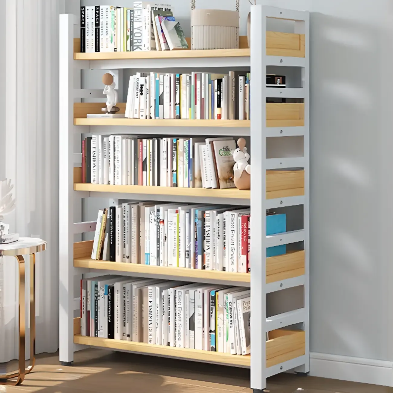 Freestanding Simple Multi-Layer Wood Bookshelf in Steel Frame