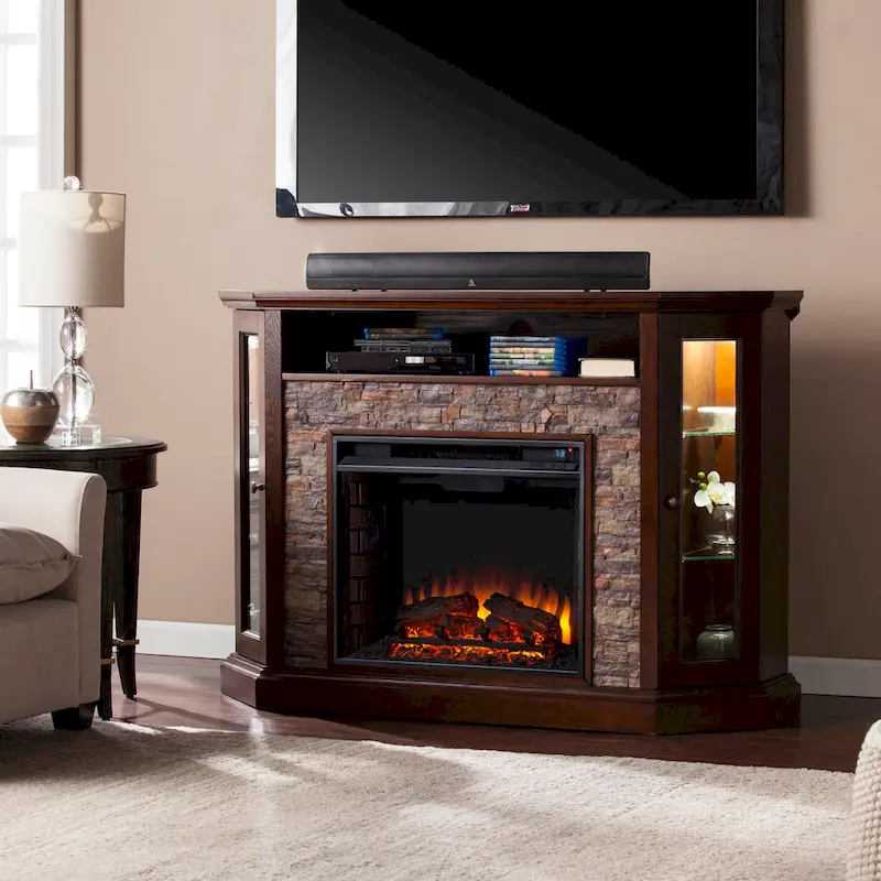 Faux Stone Electric Fireplace Corner Media TV Stand for TV's up to 50