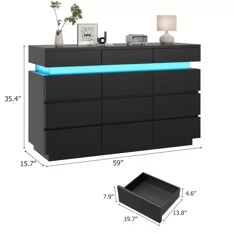 Modern Dresser for Bedroom, 59 Wooden Dresser with LED Lights, Modern Dressers & Chests of Drawers for Living Room Hallway Bedroom