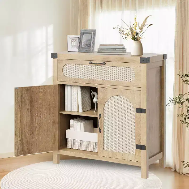 2 pack Buffet Cabinet, Sideboard with Storage - Rattan Accent Doors & Drawer, Adjustable Shelf for Living Room, Dining Room, Natural