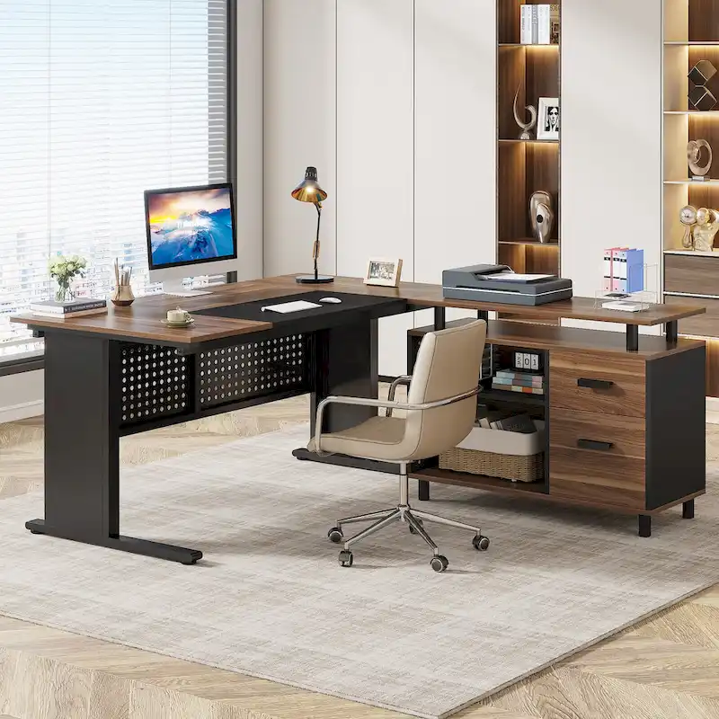 Executive Desk, Large Computer Desk with File Cabinet