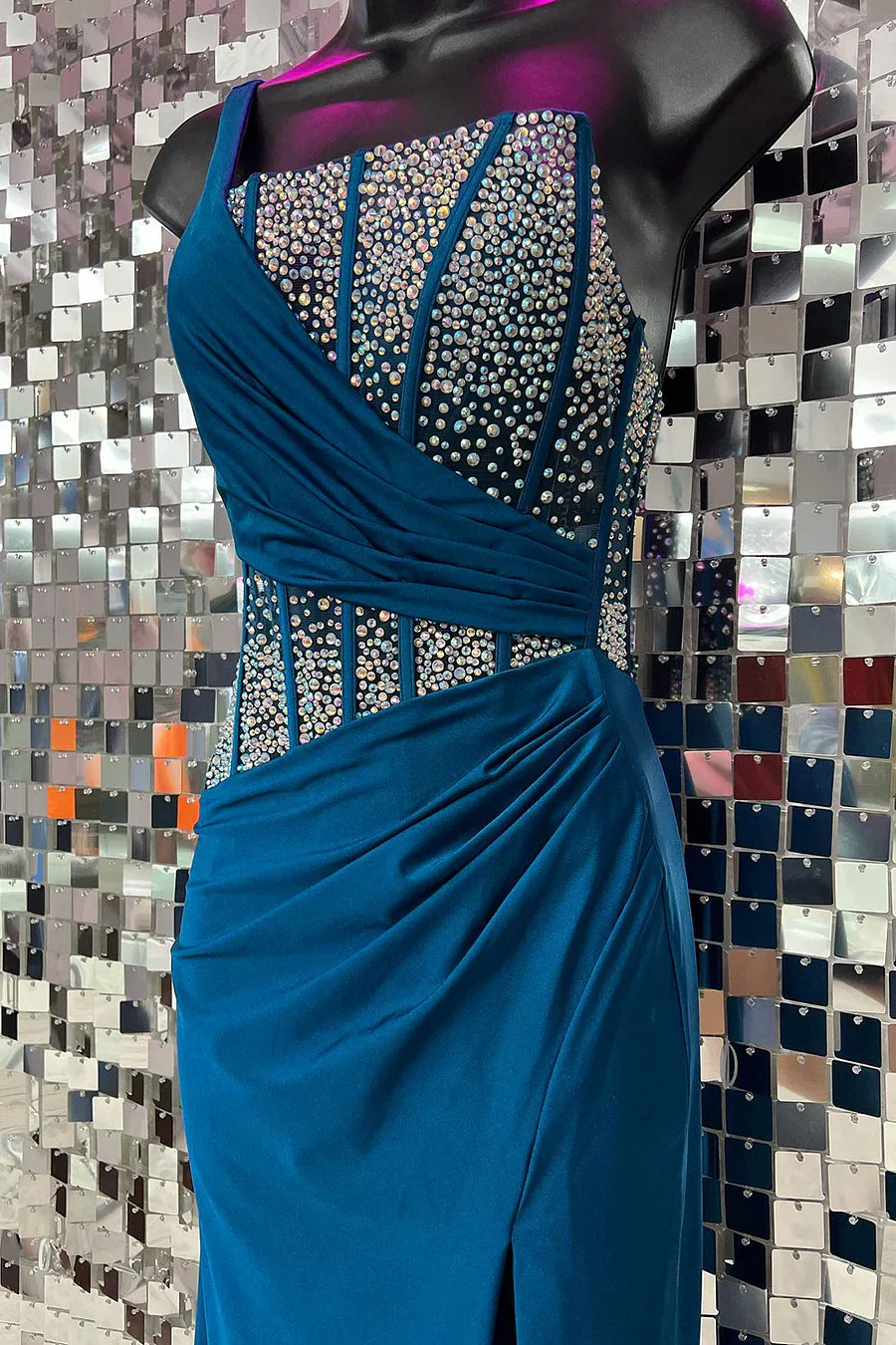 Blue Mermaid One Shoulder Long Prom Dresses with Beaded