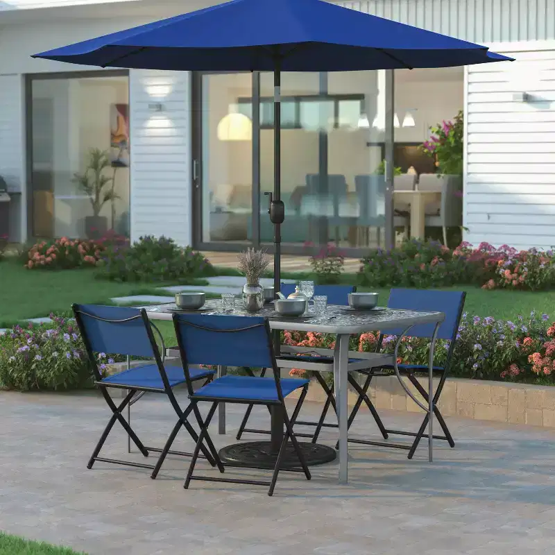 Emma and Oliver Rectangular Tempered Glass Top Patio Table with Umbrella Hole and Black Steel Tube Frame